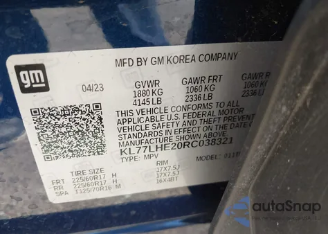 2024 Chevrolet Trax Fwd Lt z USA, uszkodzony, nr VIN KL77LHE20RC038321